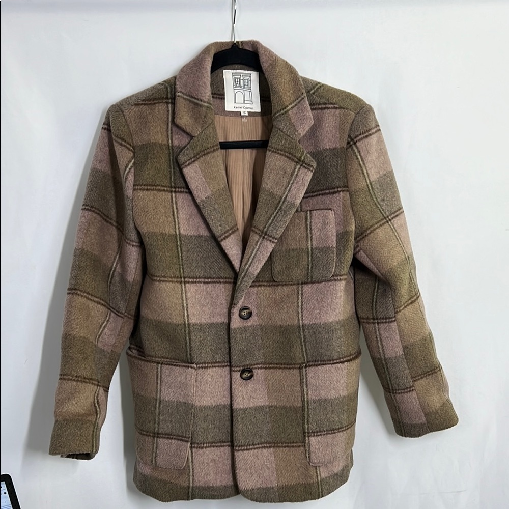 Plaid Wool womens Jacket - Green and Brown pink blazer front pocket collared